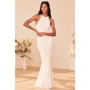 Lulus Tell Me Everything White Beaded Sequin Halter Maxi Dress - Size S